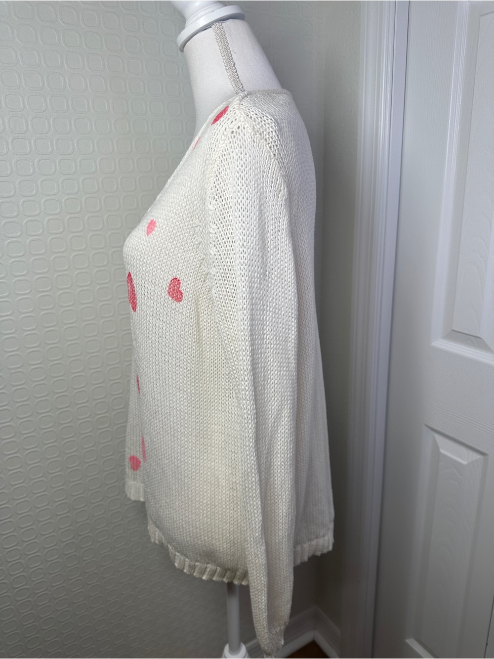 Wooden Ships Paula Buendia Ivory Pink Heart Knit V-Neck Sweater S/M Cozy Oversiz - Picture 5 of 9